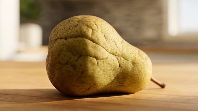 Aging pear wrinkles and decays on a wooden kitchen countertop. Food waste awareness campaigns, food preservation education, and sustainability advertising.