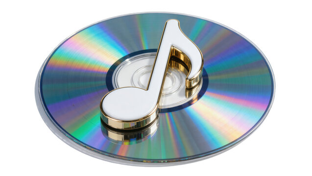Shiny white musical eighth note symbol resting on a reflective CD disc, isolated on transparent background