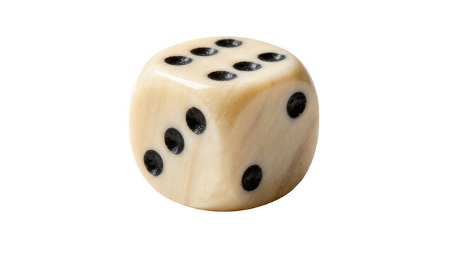 Single ivory colored die with black pips showing numbers three and six, isolated on transparent background