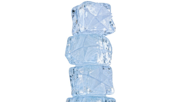 Stack of three clear ice cubes faceted and geometric, isolated on transparent background