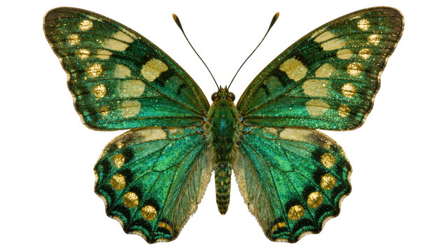 Emerald green butterfly with golden spots, isolated on transparent background