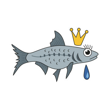 Illustration of crying sardine with gold crown representing the Entierro de la Sardina tradition isolated on white background. Canary Islands carnival vector