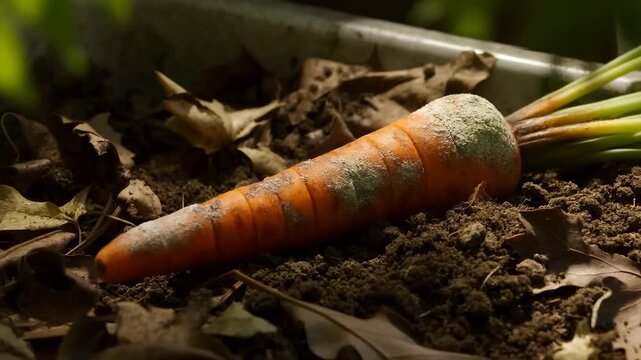 Garden carrot deteriorates in dark soil among leaves and green foliage. Gardening education, organic food advertising, and agriculture documentaries.