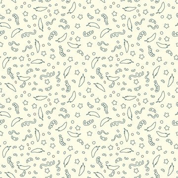 Seamless festive confetti pattern with black outline ribbons, feathers, and stars scattered on white background. Monochrome celebratory background vector illustration