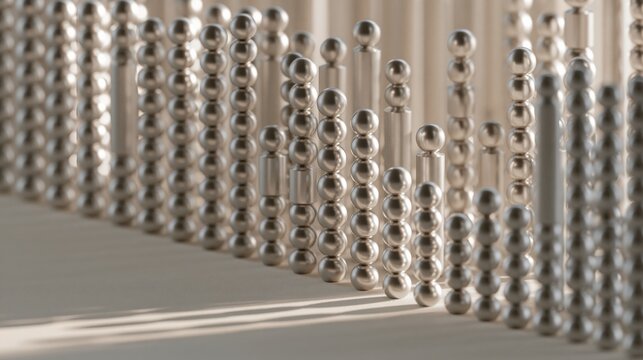 Vertical metallic spheres arranged in columns forming equalizer pattern
