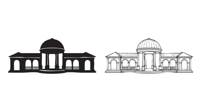 elegant garden folly structure vector icon black silhouette black silhouette with line art vector pair icon