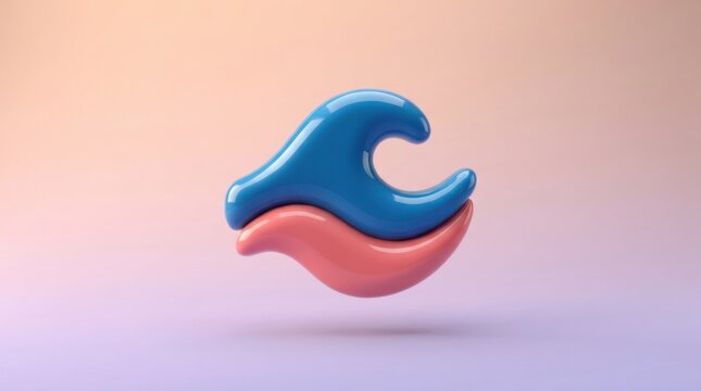 Abstract wave symbol 3d icon rendered in glossy blue and pink tones isolated on gradient background