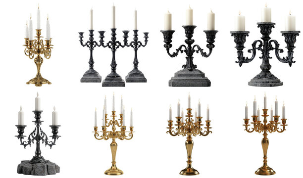 Collection of ornate candelabras with candles, isolated on transparent background
