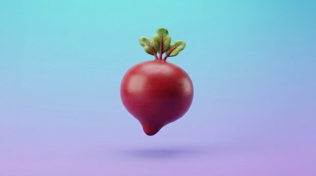 Minimalist 3D icon of a fresh red beet root with green leaves floating isolated on transparent background