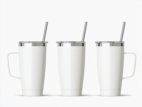 Three white insulated tumblers with handles and silver straws on white