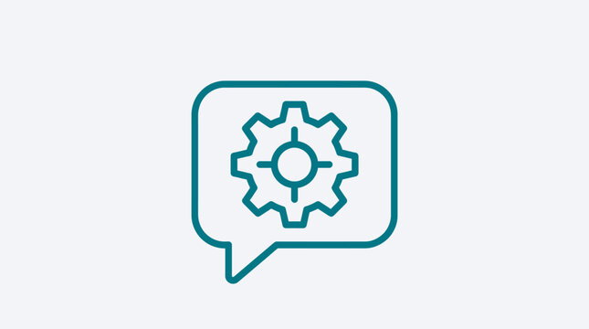 Speech bubble with gear graphic highlights feedback and system integration in a sleek blue color scheme.