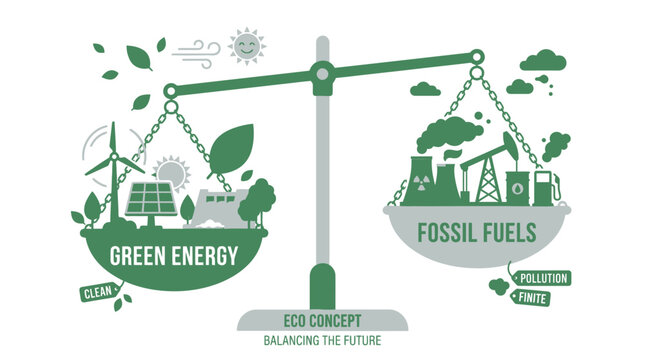 A minimalist balance scale illustration contrasts green energy symbols with fossil fuel imagery to highlight the need for energy equilibrium.