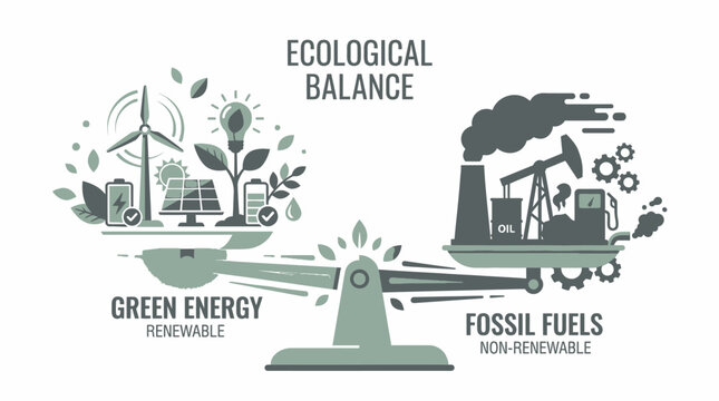 An ecological balance illustration contrasts green energy sources with fossil fuels using a scale to emphasize sustainability efforts.