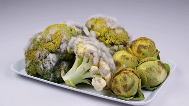 Vegetables on a serving tray progressively develop mold and decay in a studio tabletop setting. Food safety education, food waste awareness campaigns, and produce quality control.