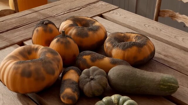 Pumpkins and squash decompose on a rustic outdoor wooden table, developing mold over time. Food waste education, composting campaigns, and botany lessons.