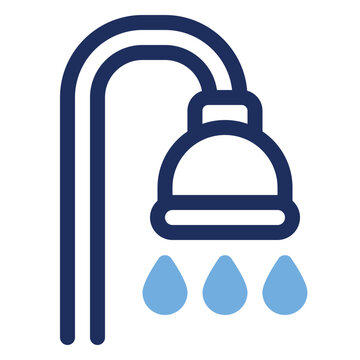 Duo tone icon of a shower head with falling water drops, ideal for bathroom, spa, and hotel amenity design projects
