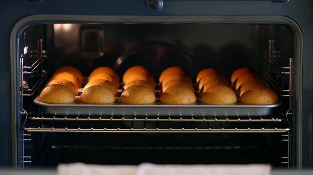 Bread rolls baking and browning inside a heated oven. Bakery advertising, bread product marketing, and baking tutorials.