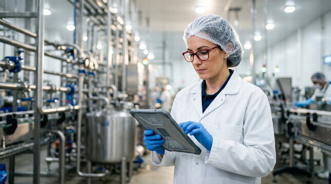 Female technician in a white lab coat and hairnet using a digital tablet for quality assurance monitoring in an industrial food processing facility with stainless steel machinery.