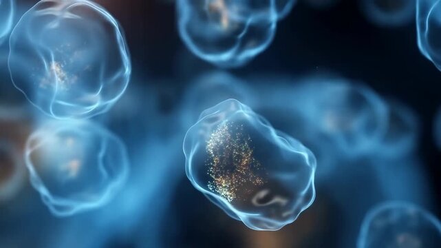 Glowing biological cells drift through a dark microscopic environment with illuminated particles. Biomedical research presentations, cell biology education, and biotechnology advertising.