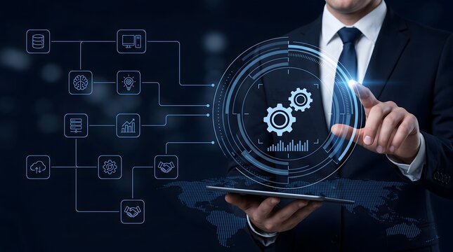 Businessman interacting with futuristic digital interface