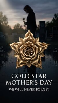 Gold star flower symbol for gold star mother day in memory of fallen soldiers with text we will never forget