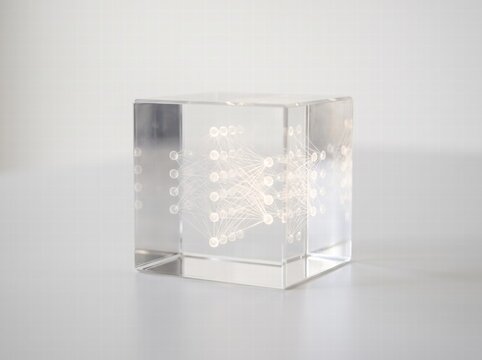 Transparent Glass Cube With Glowing Neural Network Structure