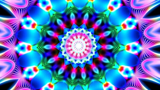 Kaleidoscopic mandala pattern morphs through vivid concentric neon forms in an abstract digital space. Festival screen, creative title, and digital art presentation.