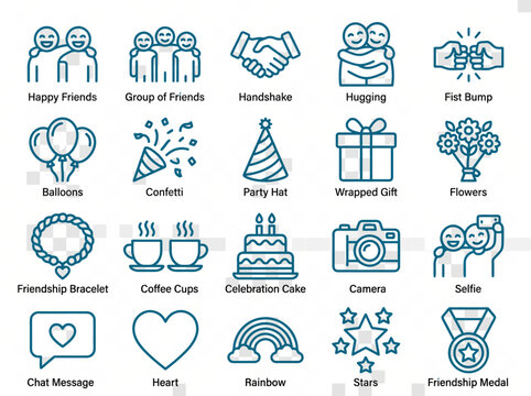 Friendship line icon set, 20 celebration and relationship vector symbols, blue outline icons for social media and party design