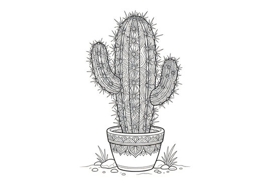 Black and white line art drawing of a decorative cactus in a patterned pot isolated on white background