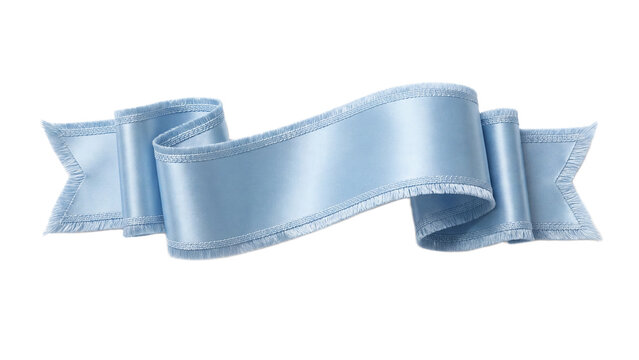 Wavy light blue silk ribbon with fringed edges with flowing shape on transparent background