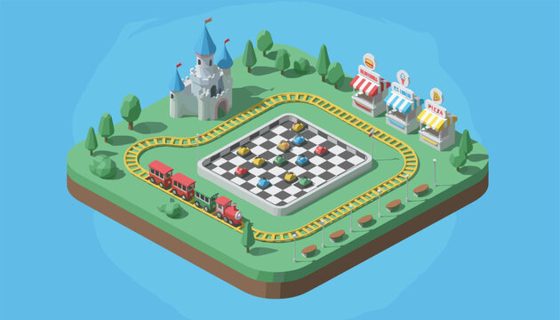 Beautiful low poly isometric playground map featuring a fantasy castle, a mini train ride, food kiosks, and bumper cars.