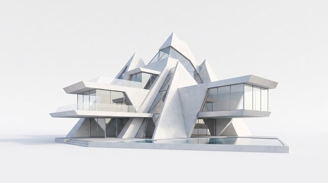 Modern Futuristic Luxury Villa with Geometric Mountain-Inspired Peaks and Large Glass Windows Featuring a Pool on White Background