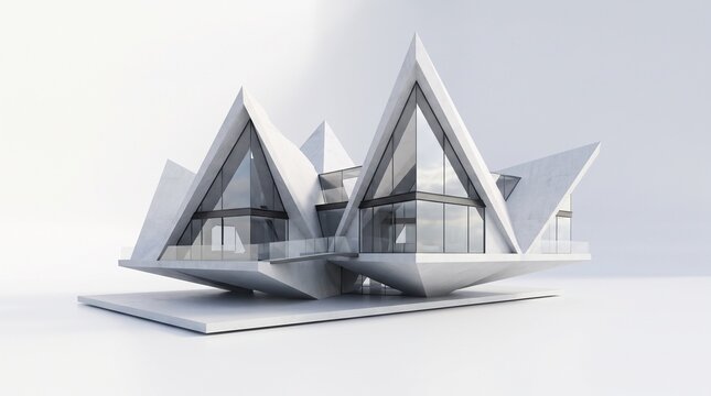 Modern Futuristic House with Sharp Triangular Concrete Architecture and Glass Windows Minimalist Deconstructivist 3D Render Design Illustration