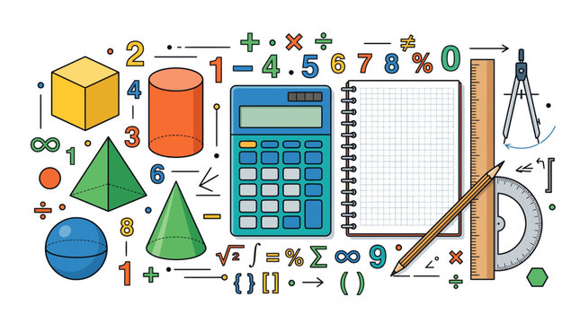 Mathematics education vector set, colorful geometry shapes and school supplies, calculator with notebook and ruler for algebra study