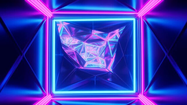 Neon geometric frames recede through a dark futuristic tunnel in centered perspective. Technology presentations, concert screen, and digital event backdrops.