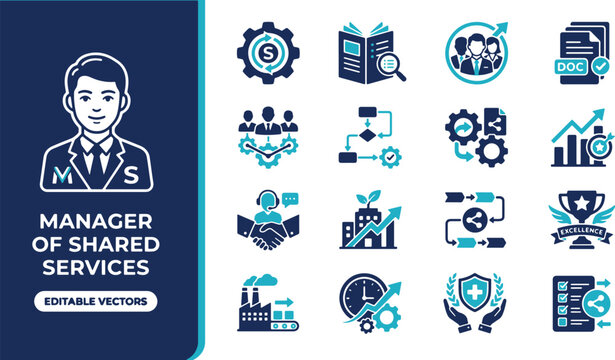 Shared services manager business and operations icon set containing icons for teamwork, process optimization, and corporate growth
