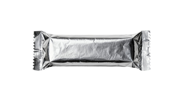 Shiny silver foil wrapped candy bar, isolated on transparent background