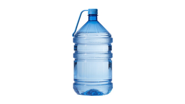 Large blue plastic water jug with handle, isolated on transparent background
