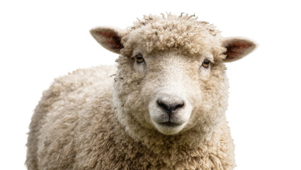 Fluffy woolly sheep head with curly fleece, isolated on transparent background © Ozols