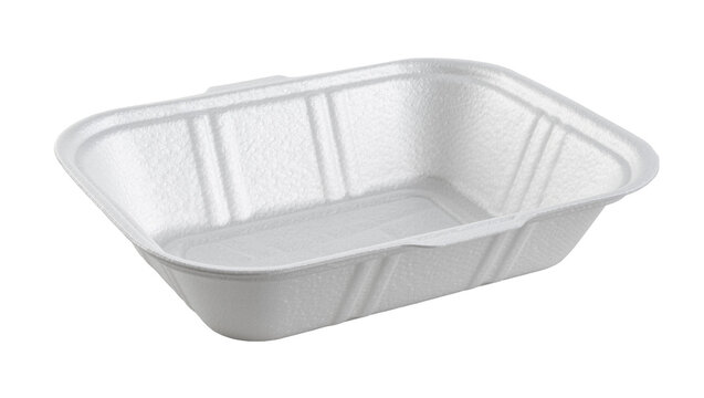 Empty white polystyrene food container with ribbed texture, isolated on transparent background