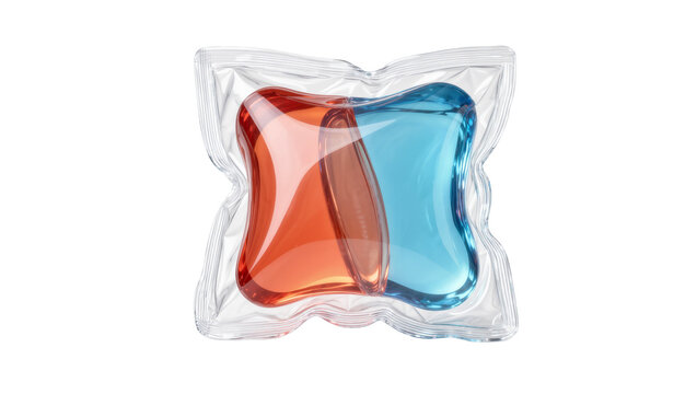 Two-chambered laundry detergent pod with blue and orange liquid, isolated on transparent background