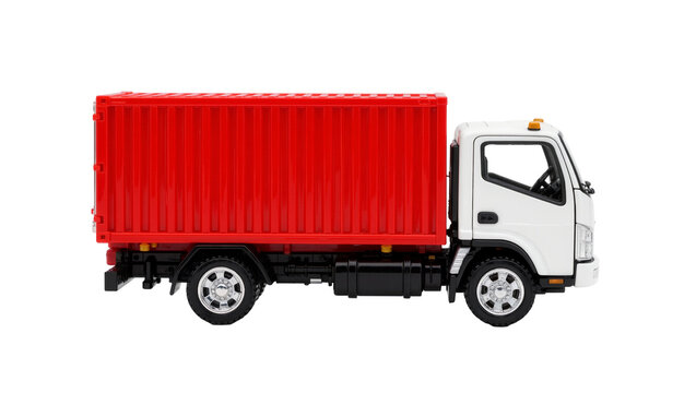 White delivery truck with red cargo container, isolated on transparent background