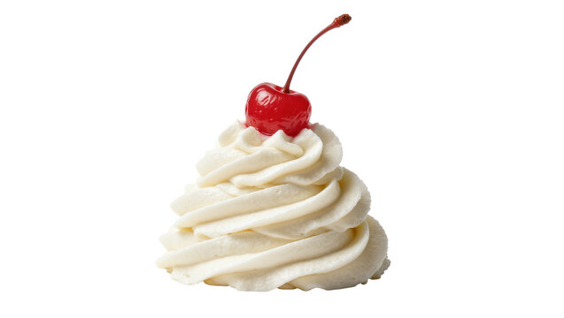 Swirl of whipped cream topped with a red maraschino cherry, isolated on transparent background