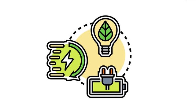 Phone charging technology with fast power icon, battery charging symbol, and lightbulb with leaf representing eco friendly energy development