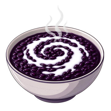 Traditional Southeast Asian sweet black glutinous rice soup or Bubur Pulut Hitam with coconut milk swirl and steam in a bowl