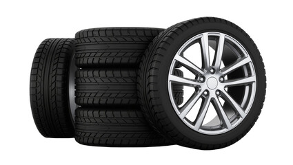 Stack of black rubber car tires with a silver alloy wheel, isolated on transparent background © Ozols
