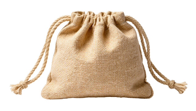 Natural burlap drawstring pouch with thick rope ties, isolated on transparent background
