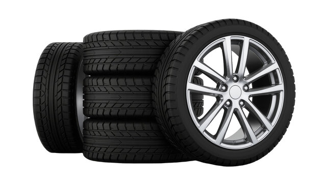 Stack of black rubber car tires with a silver alloy wheel, isolated on transparent background