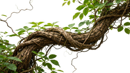 Thick woody vine entwined around a tree branch with green leaves, isolated on transparent background © Ozols