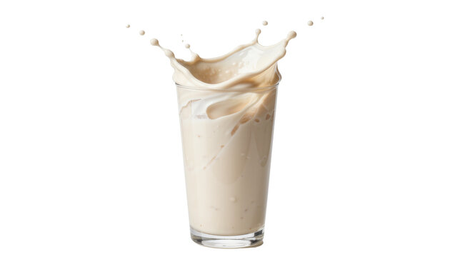 Creamy beige milkshake splashing from a clear glass, isolated on transparent background